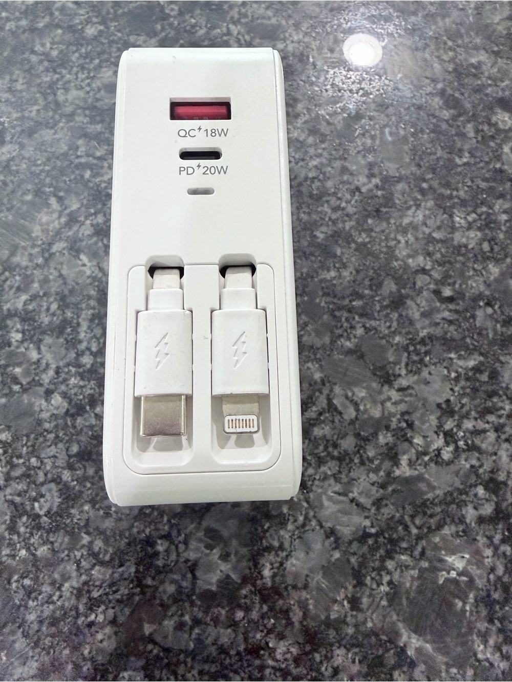 White Universal 20W PD & 18W QC Dual-Port Travel Charger with Built-In Cables